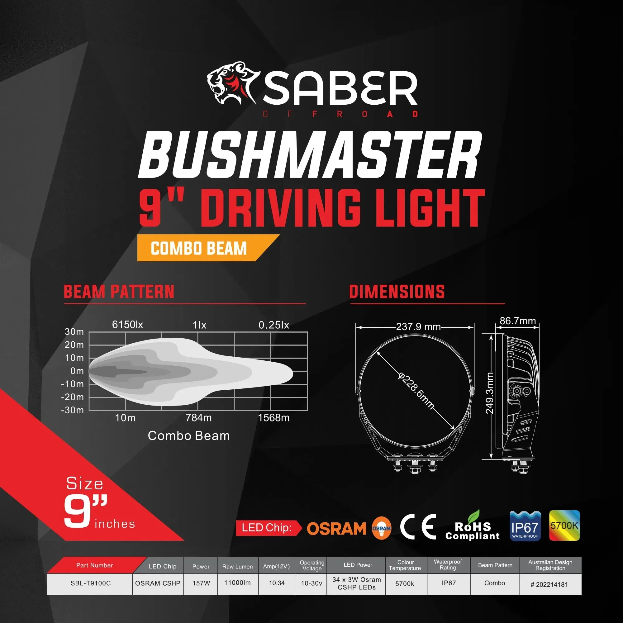 SABER OFFROAD | 9″ Driving Light Combo Beam (SBL-T9100C)